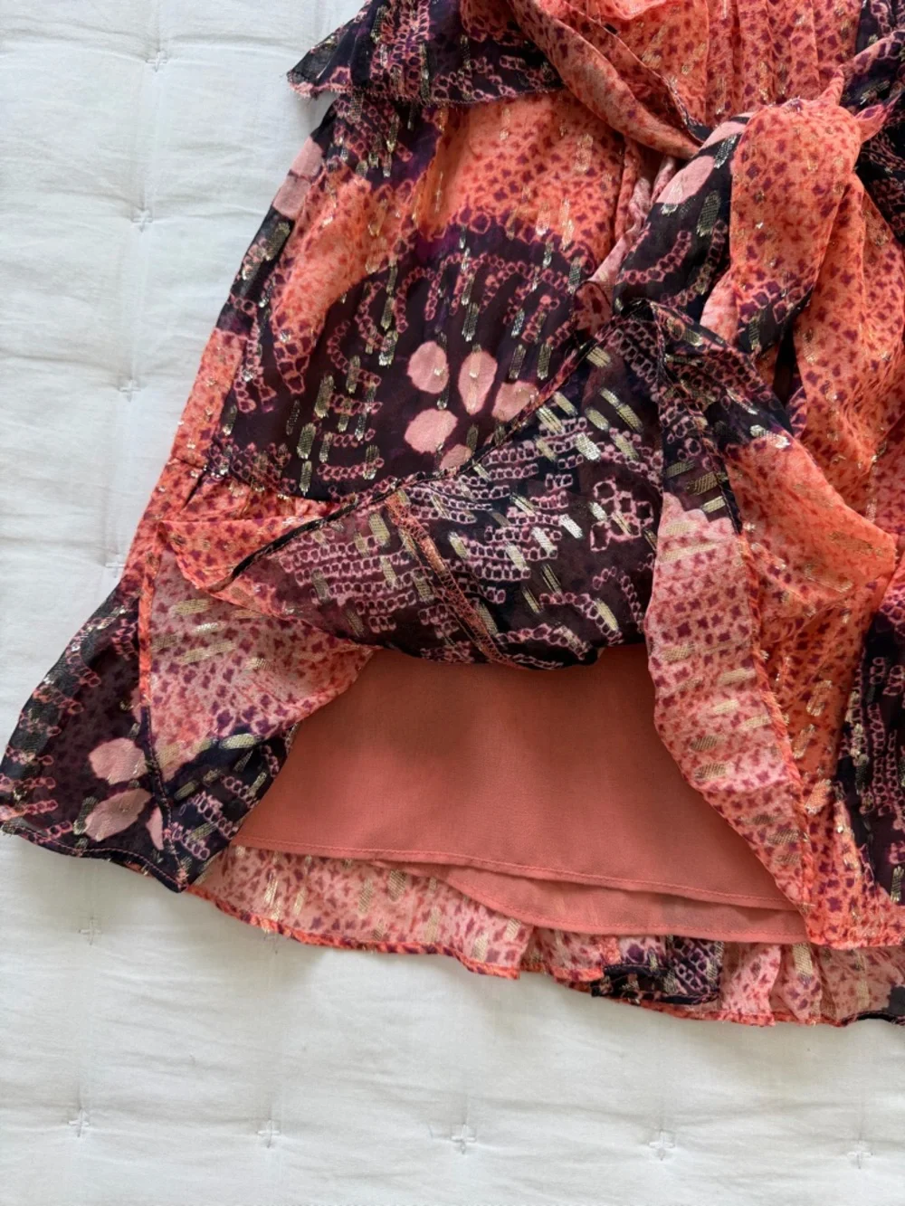 Ulla Johnson 4 Zea Silk Skirt Pink Coral Floral Tiered Waist Tie